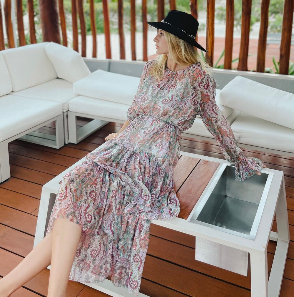 ZIMMERMANN Silk Paisley Floral Tiered Dress Long Sleeves Asymmetric Hem Medium